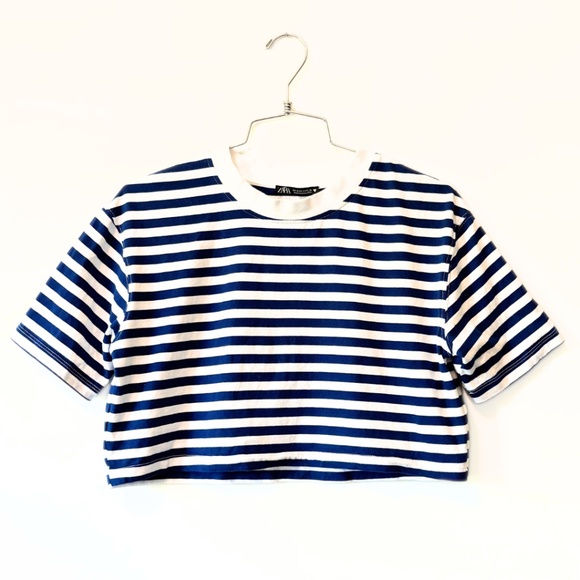 Zara Striped Crop Blue and White T-Shirt Size S - Picture 1 of 7